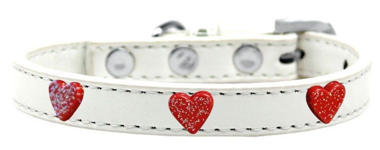 Red Glitter Heart Widget Dog Collar White Size 12